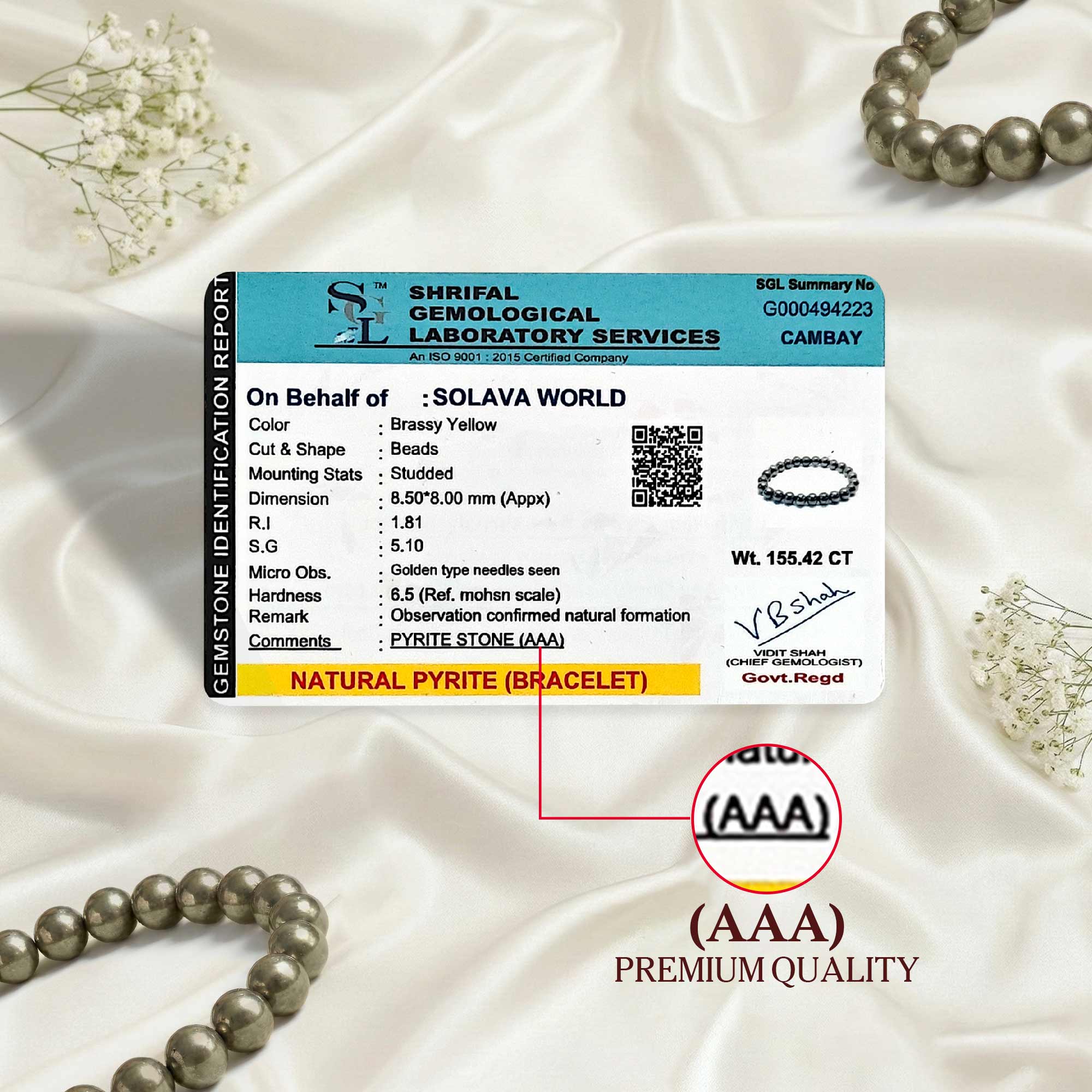 Premium Pyrite Bracelet with Certificate for Men and Women