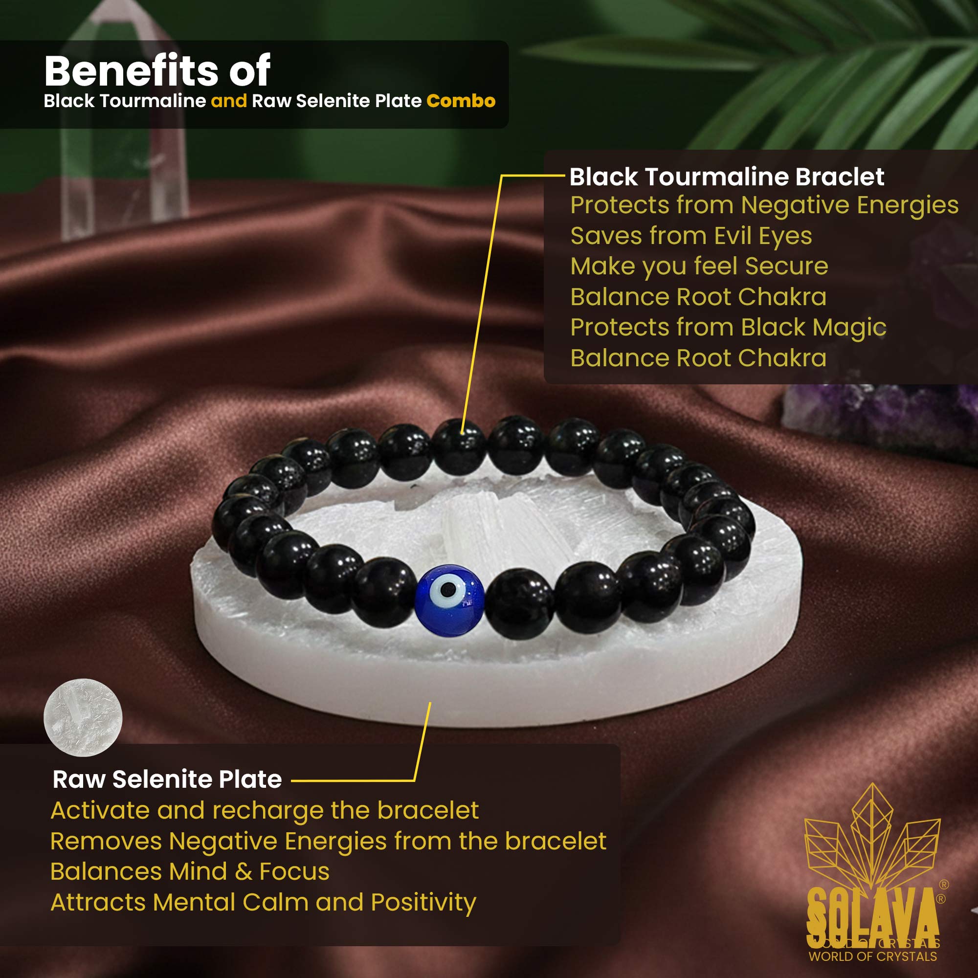 Original Black Tourmaline Evil Eye Bracelet with Raw Selenite Plate