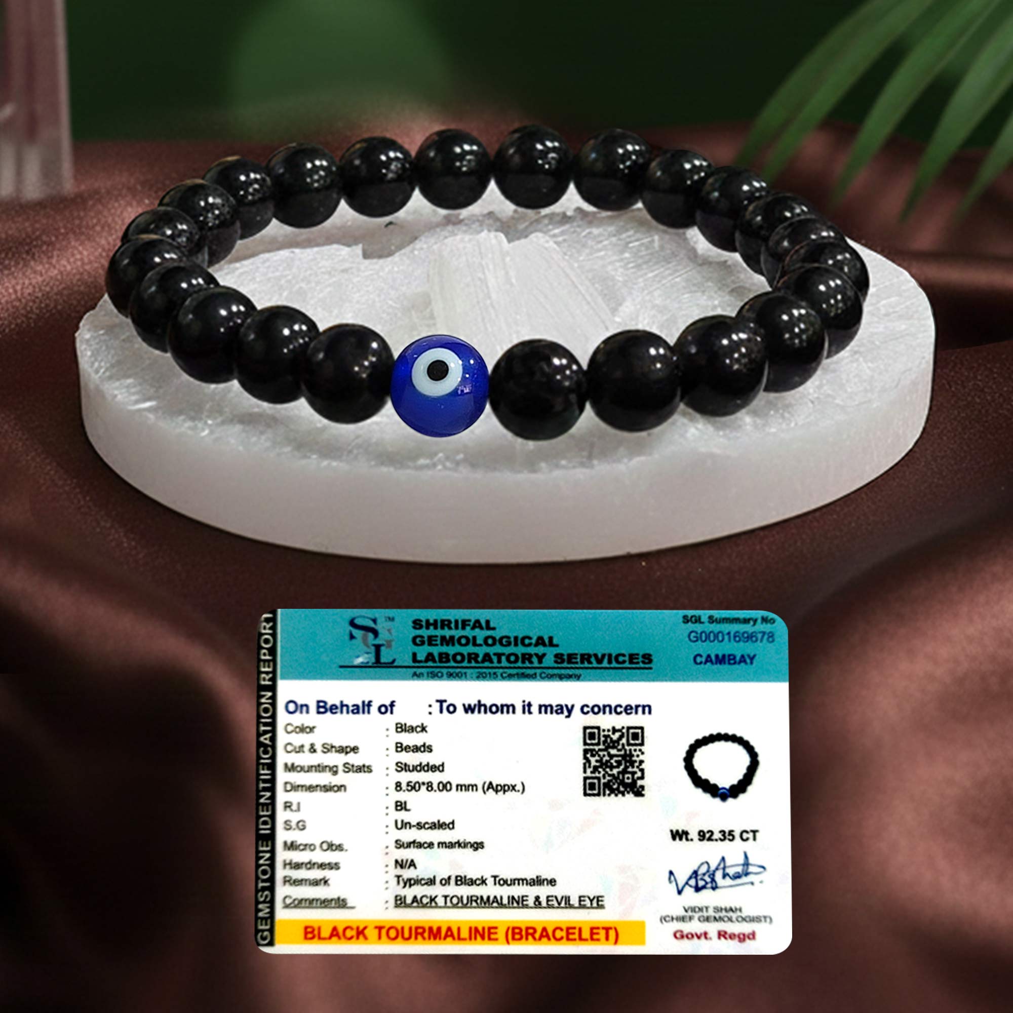 Original Black Tourmaline Evil Eye Bracelet with Raw Selenite Plate