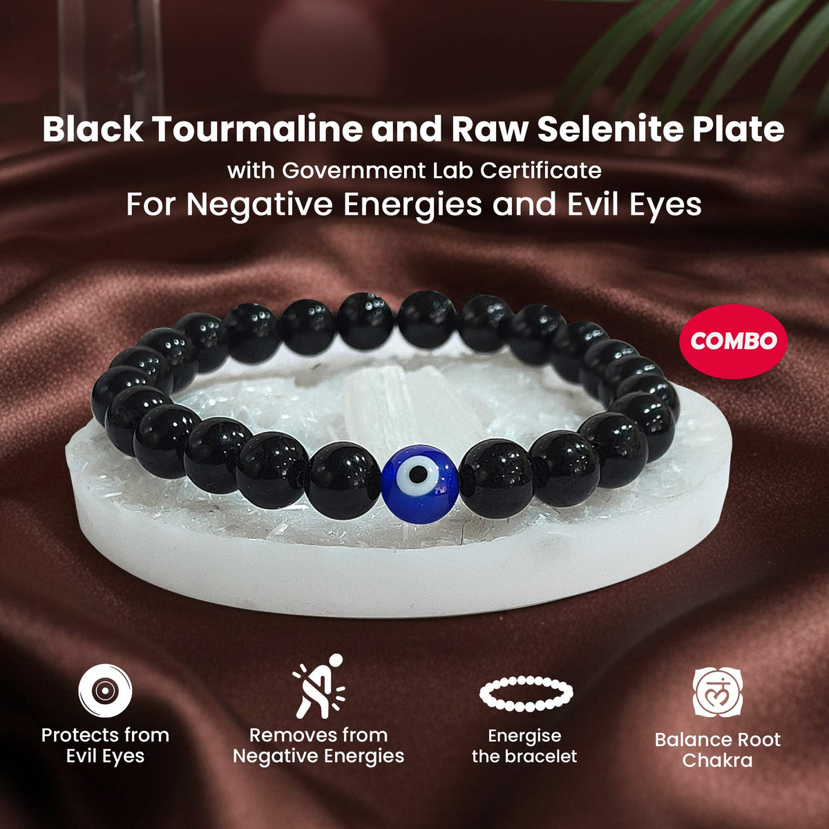 Original Black Tourmaline Evil Eye Bracelet with Raw Selenite Plate