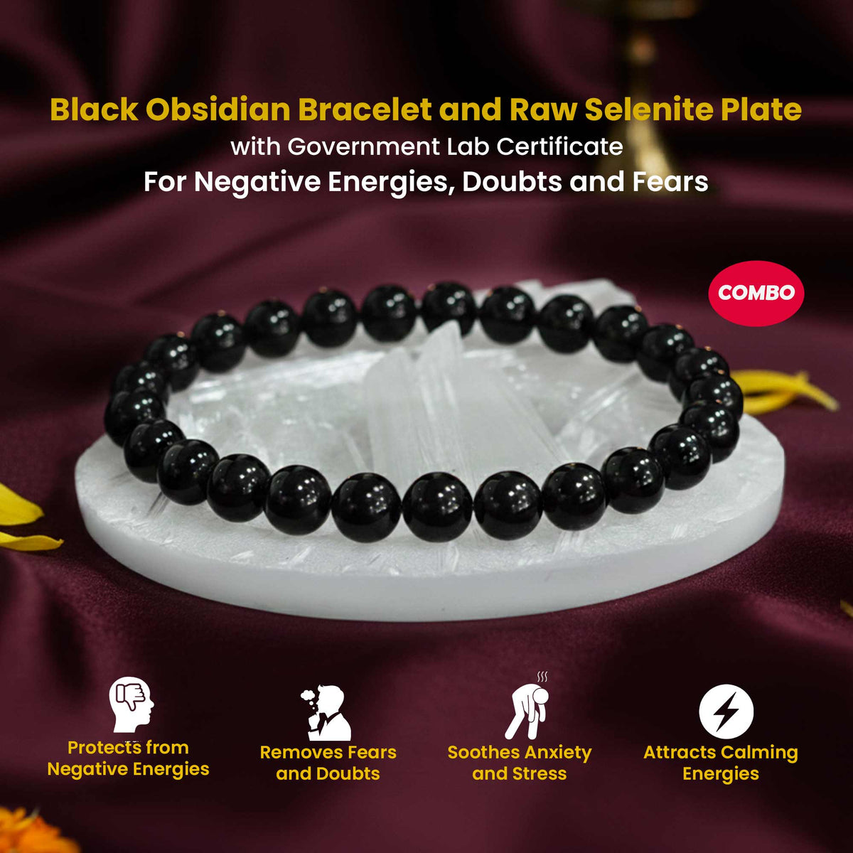 Original Black Obsidian Bracelet with Selenite Plate