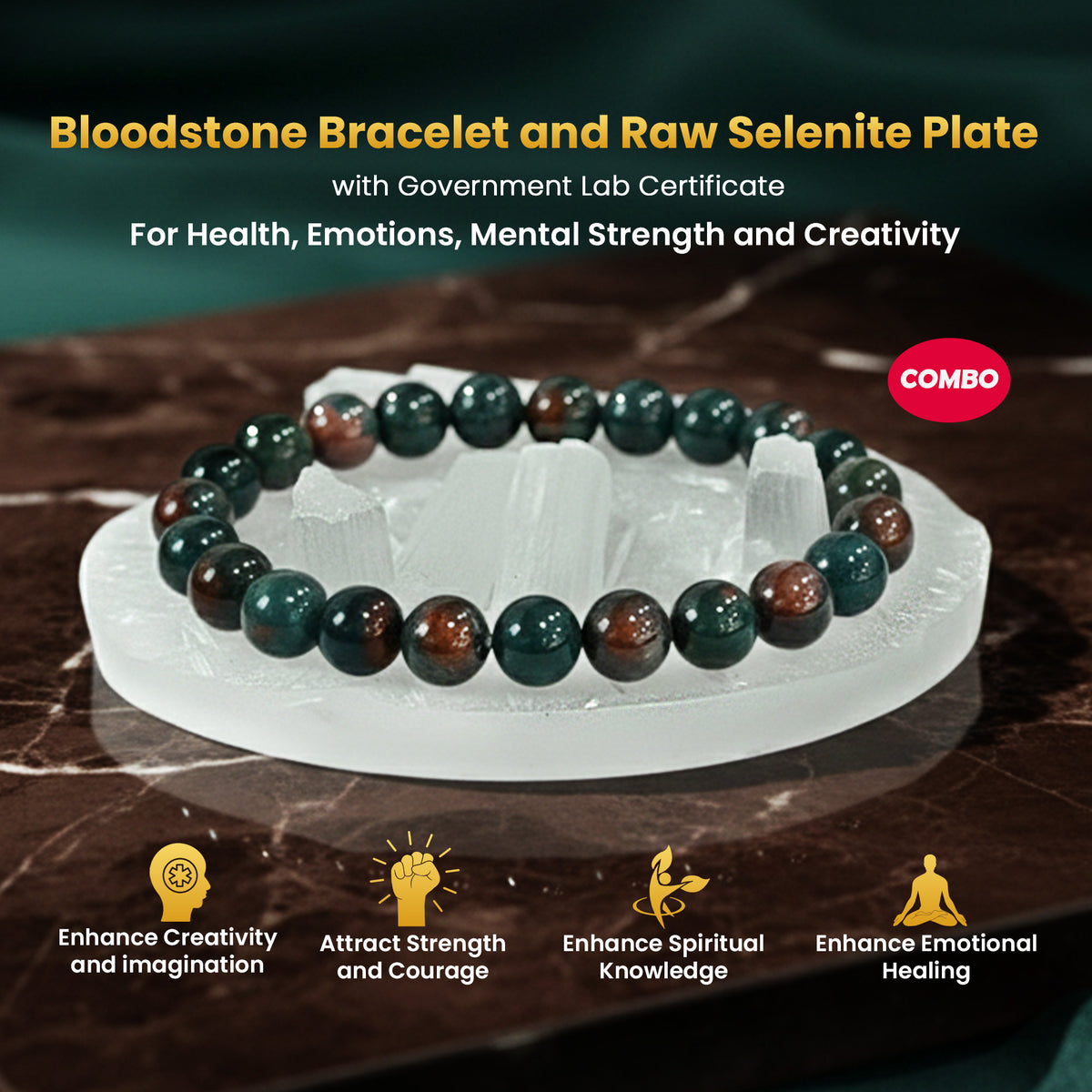 Natural Bloodstone bracelet with Raw Selenite Plate