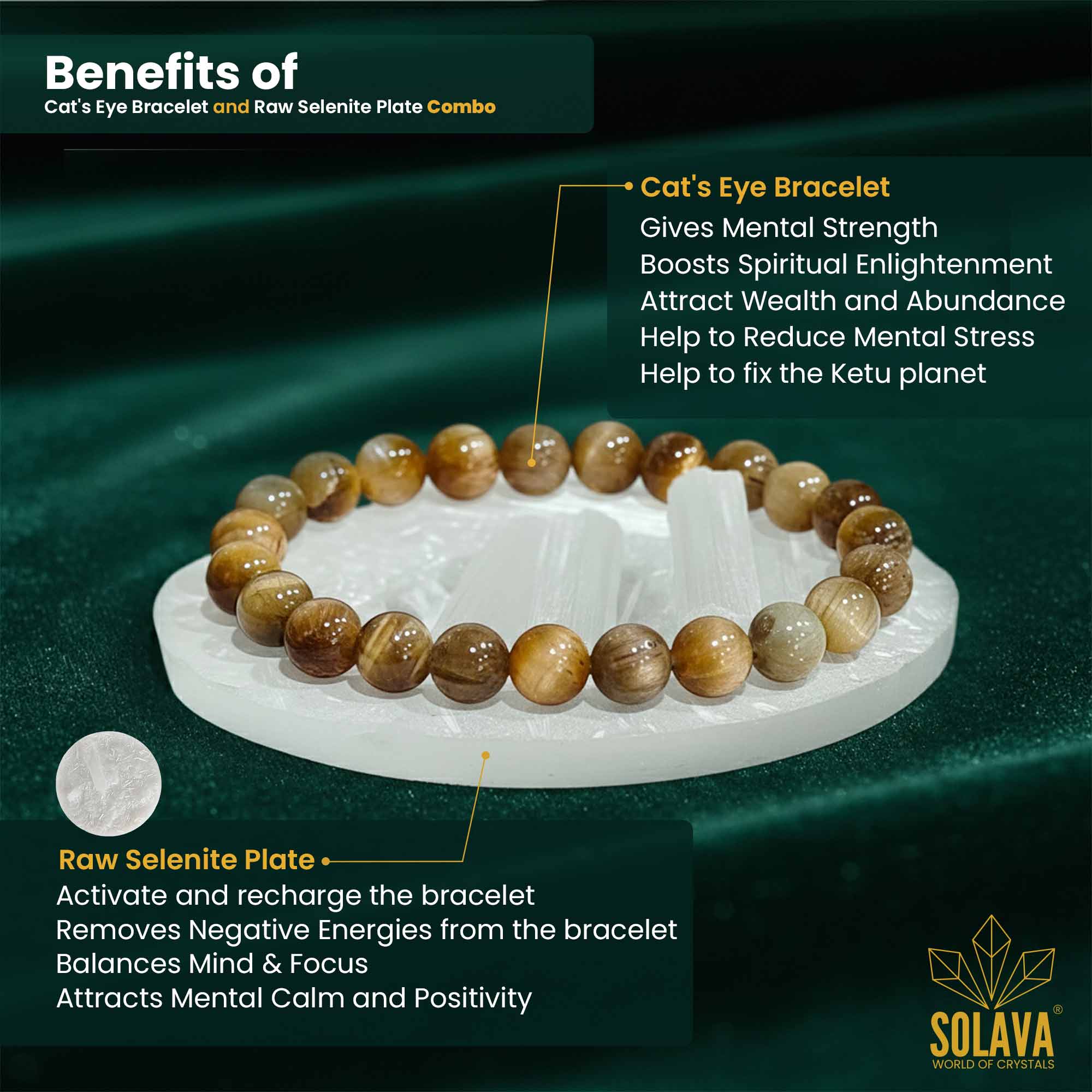 Original Cat’s Eye Bracelet with Raw Selenite Plate