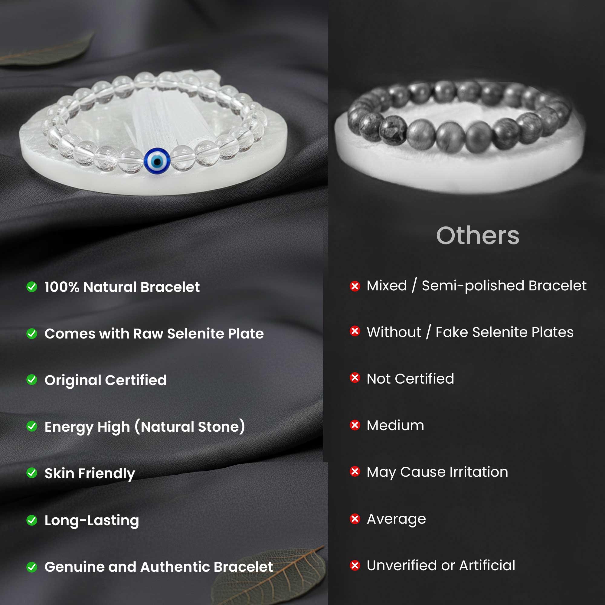 Original Clear Quartz Evil eye bracelet with Raw Selenite Plate