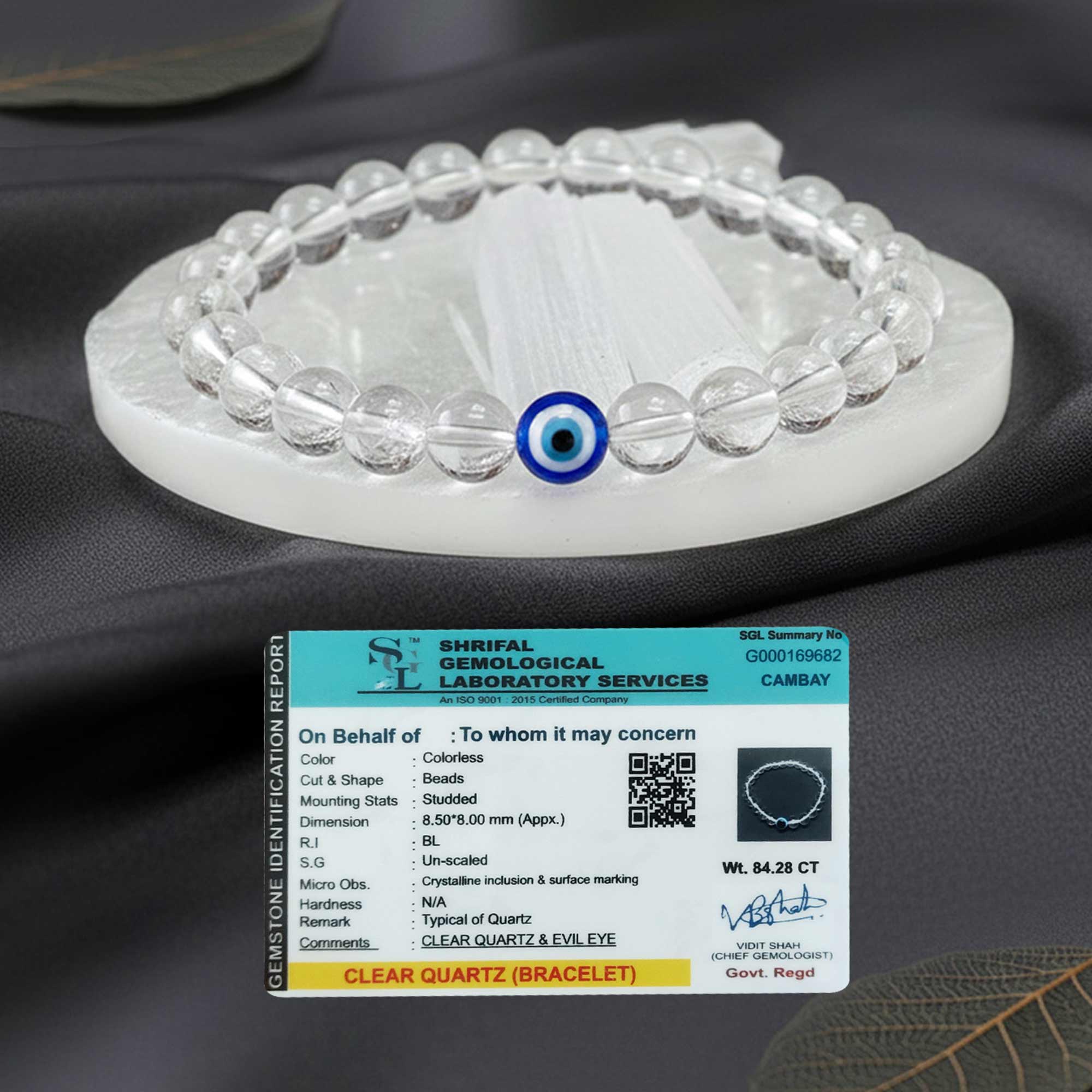 Original Clear Quartz Evil eye bracelet with Raw Selenite Plate
