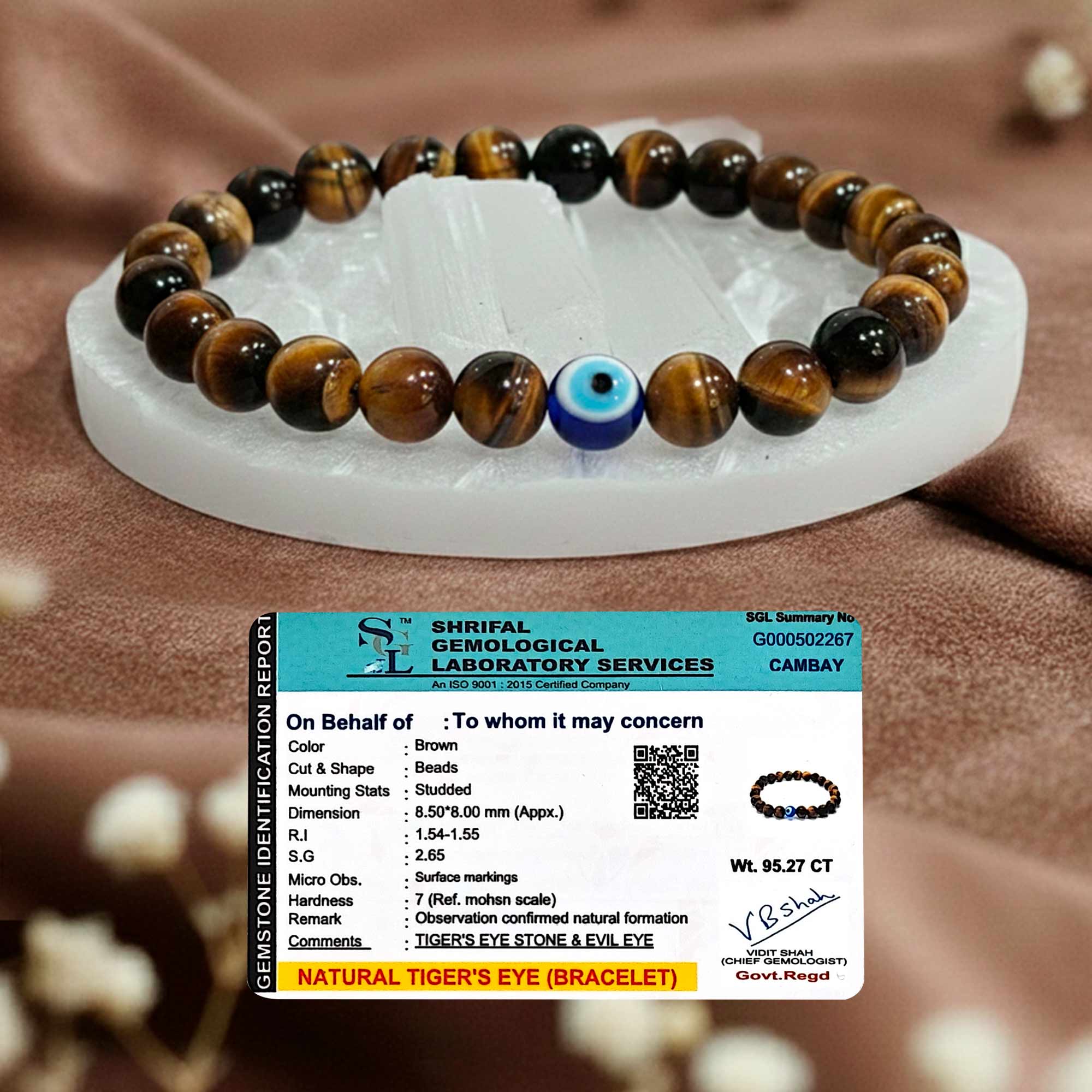 Original Tiger Evil Eye Bracelet with a Raw Selenite Plate