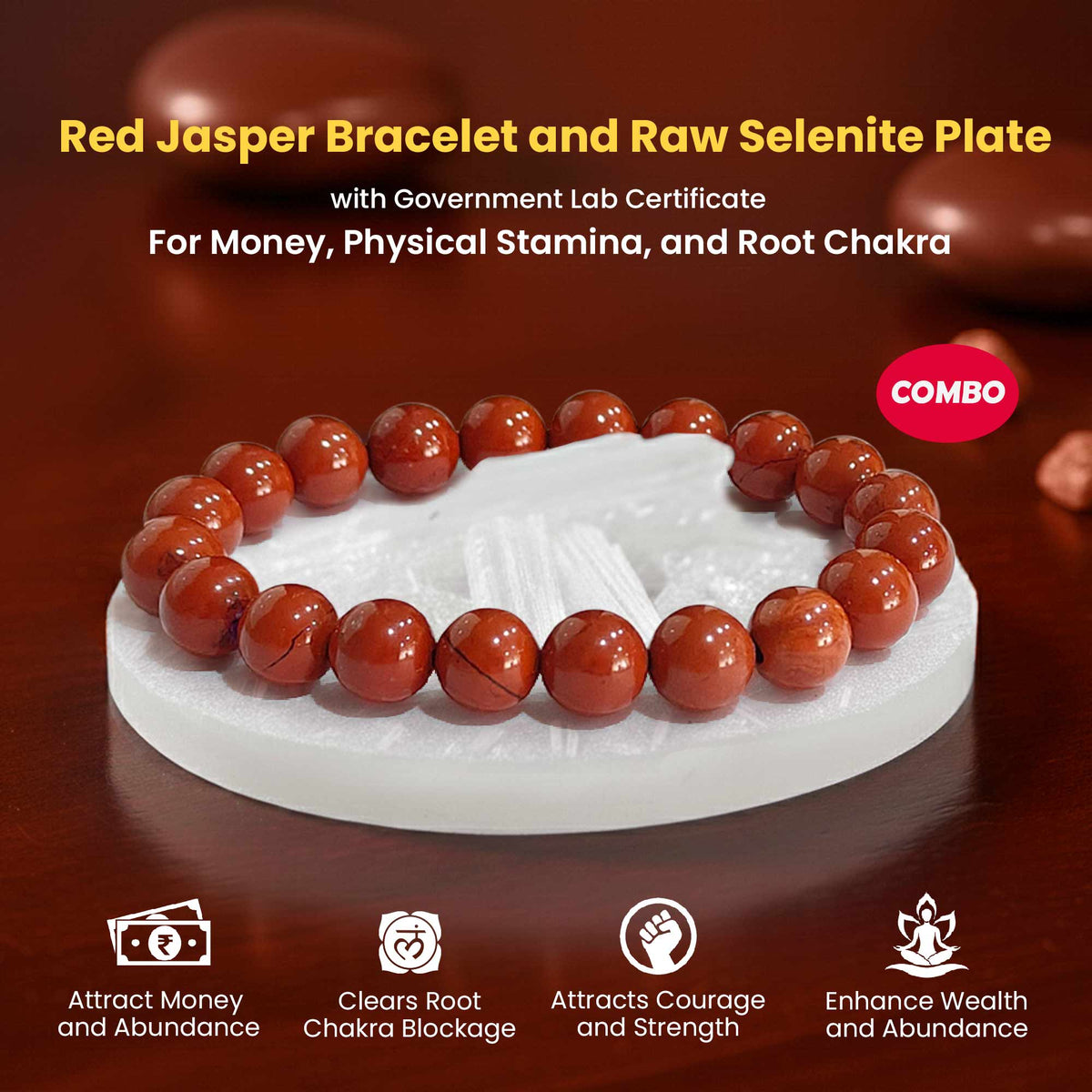 Original Red Jasper Bracelet Original Certified with Selenite Plate