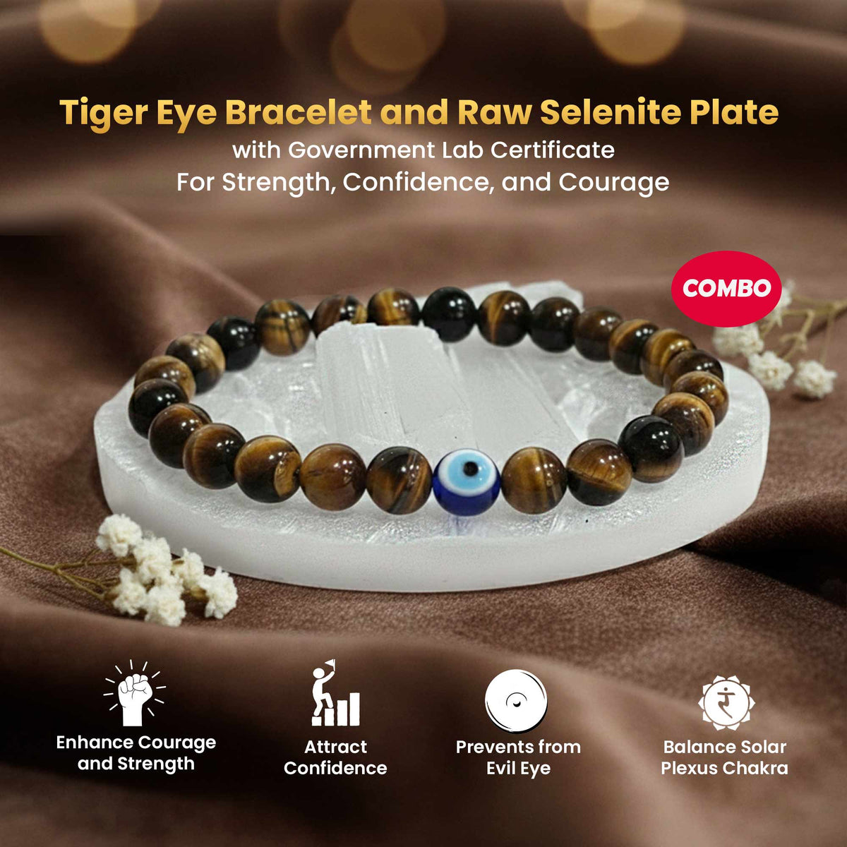 Original Tiger Evil Eye Bracelet with a Raw Selenite Plate