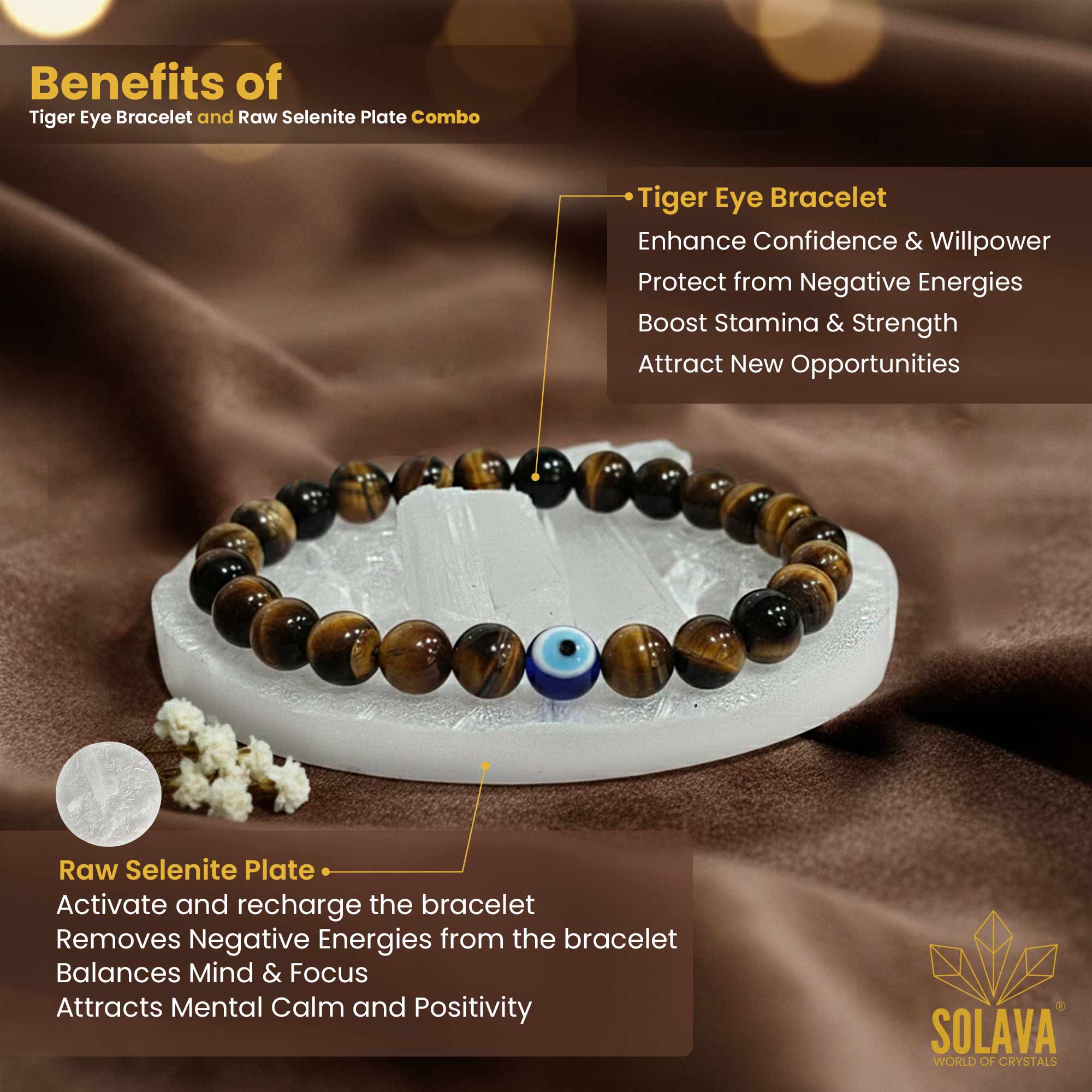 Original Tiger Evil Eye Bracelet with a Raw Selenite Plate