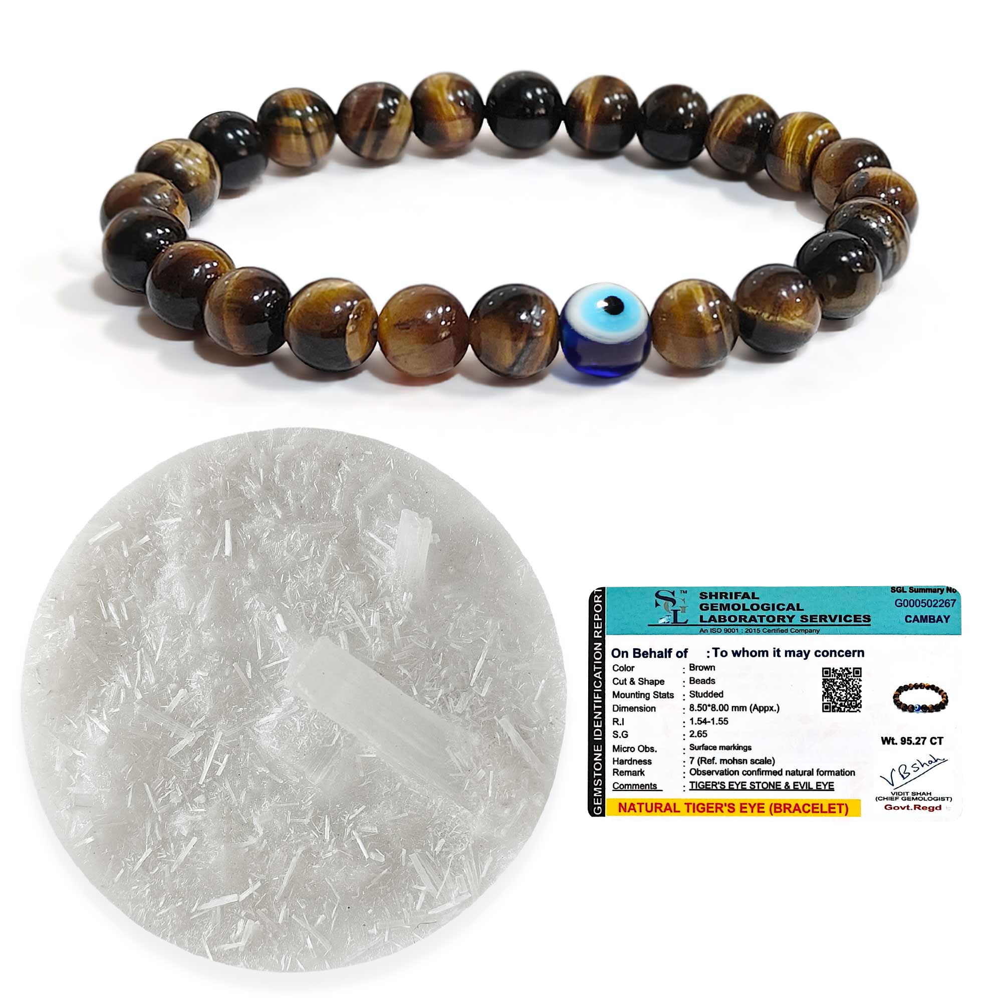 Original Tiger Evil Eye Bracelet with a Raw Selenite Plate